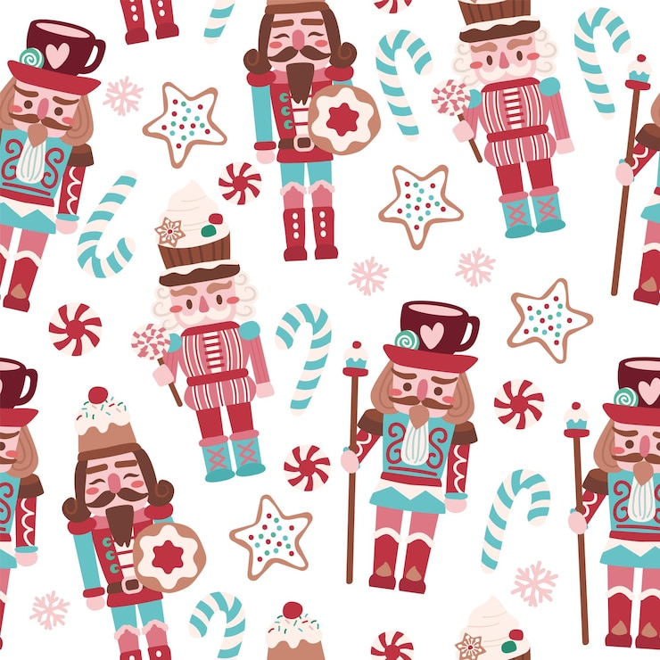 Vector holiday christmas cute nutcracker biscuits and sweets seamless pattern for fabric linen textiles