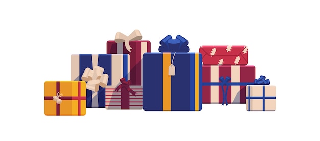 Vector holiday christmas gift boxes wrapped in bright colored paper and decorated with ribbons and bows