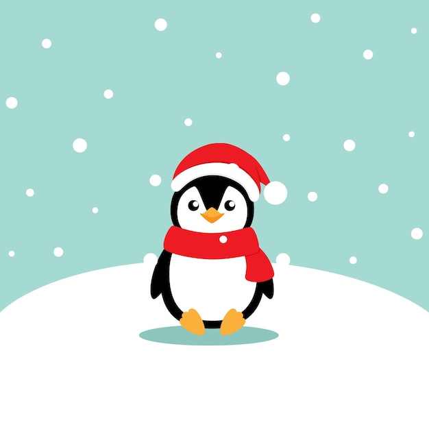 Holiday Christmas greeting card with Penguin cartoon Vector illustration