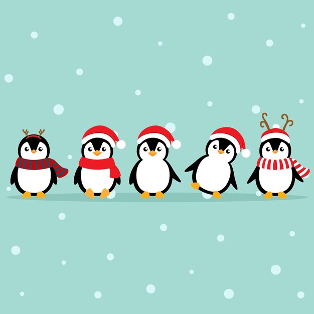 Vector holiday christmas greeting card with penguins cartoon vector illustration