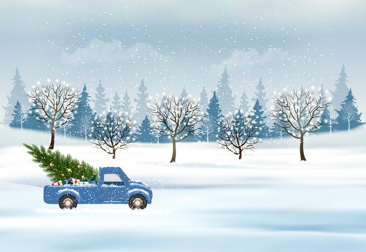 Vector holiday christmas and happy new year background with evening landscape and trees with garland and a red car is driving a christmas tree winter illustration banner vector