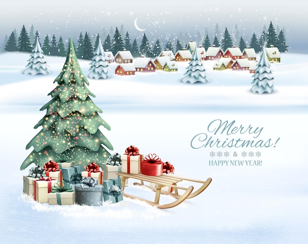 Holiday Christmas and Happy New Year background with a winter village and christmas trees winter sledge and colorful presents Vector