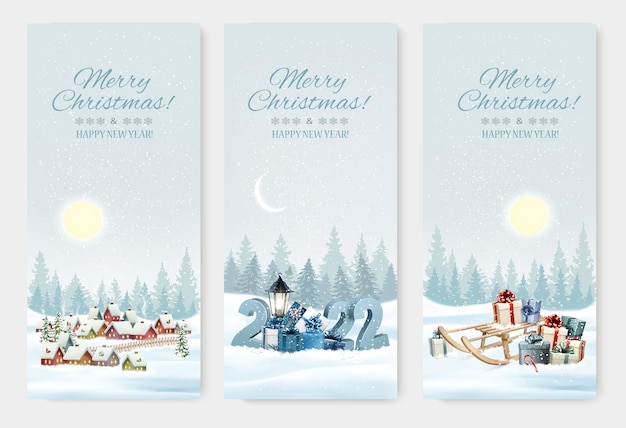 Holiday christmas and happy new year banners with a winter village, sledge with presents and christmas trees. vector