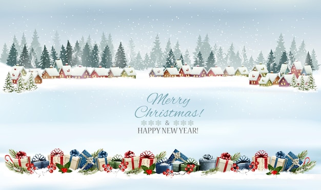 Holiday Christmas panorama with a winter village and  christmas presents. Vector.