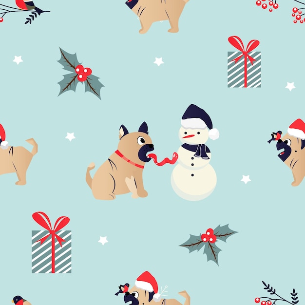 Holiday Christmas pattern with funny pug