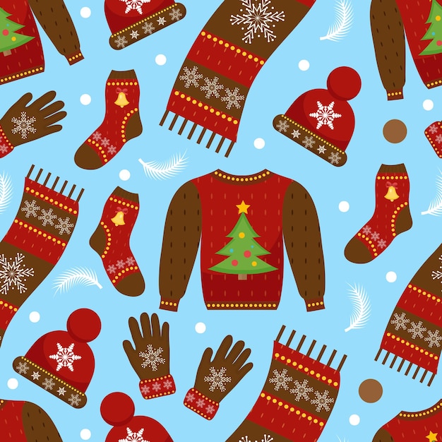 Holiday Christmas seamless pattern. Winter clothes endless texture, background. Warm apparel backdrop. Vector illustration.