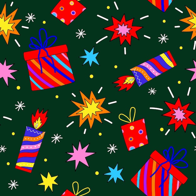 Holiday Christmas vibrant seamless pattern with Christmas decorations