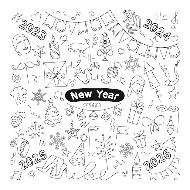 Vettore immagine dello schizzo clipart festivo capodanno e natale doodles per la decorazione dell'evento festivo