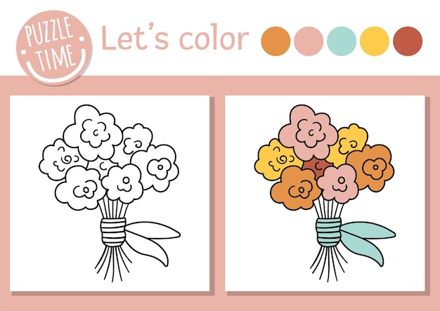 Holiday coloring page for children Funny rose bouquet picture Vector outline illustration with cute present Adorable spring flower arrangement color book for kids with colored examplexA