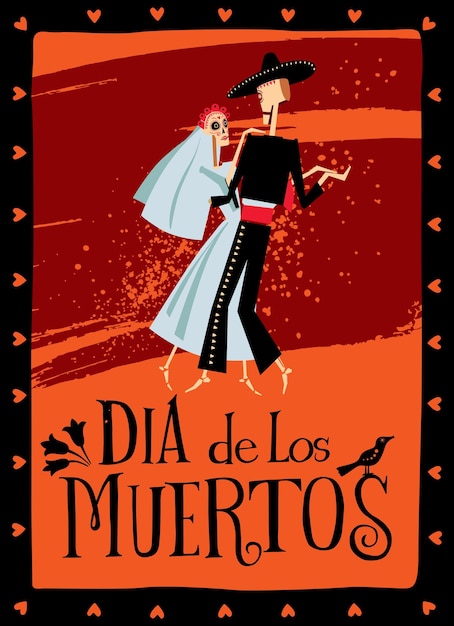 죽은 자의 휴일 포스터 Dia de Los Muertos 느린 춤을 추는 아름다운 해골 커플