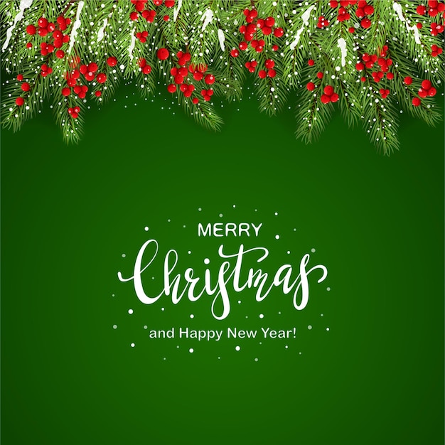 Holiday decorations with fir tree branches and holly berries on green background. White lettering Merry Christmas and Happy New Year. Illustration can be used for holiday design, cards and banners.