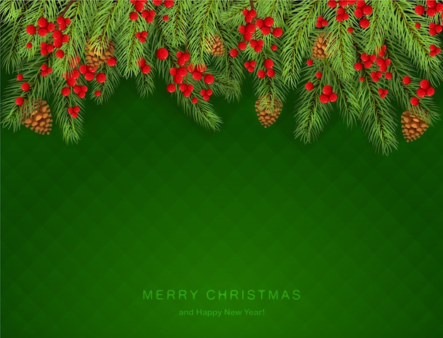 Holiday decorations with fir tree branches, pine cones and holly berries on green background. lettering merry christmas and happy new year. illustration can be used for holiday design, cards, banners.