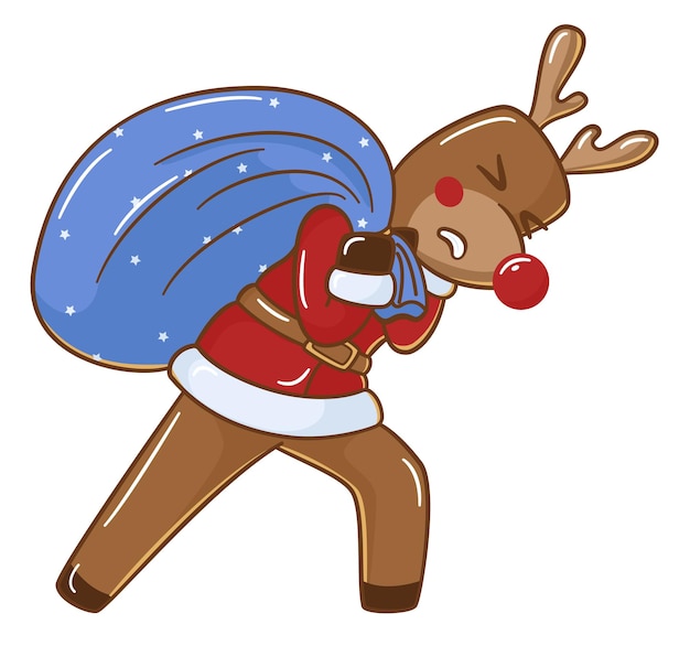 The holiday deer carries a very heavy bag of gifts