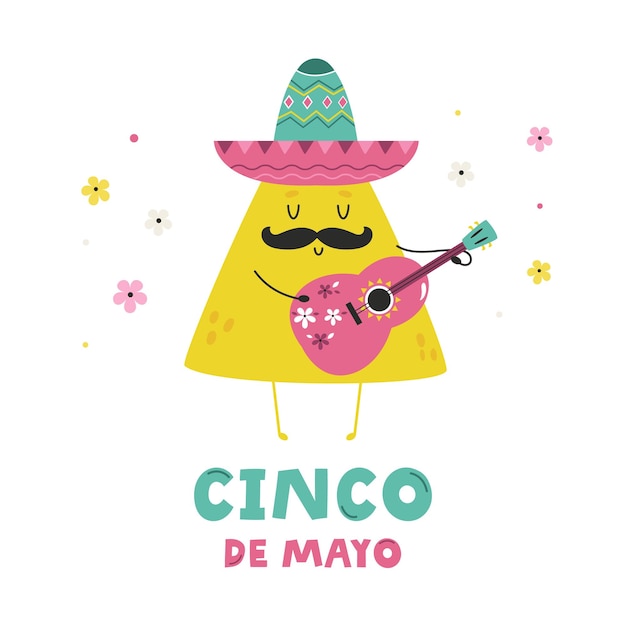 Праздничный дизайн для cinco de mayo с смешными начо в сомбреро играют на гитаре