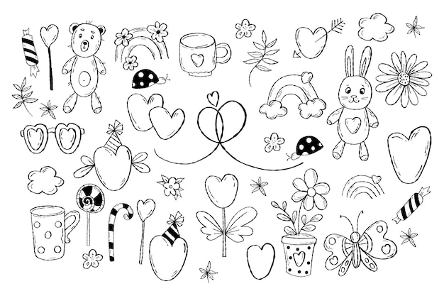 Holiday doodles romantic gifts hearts plush toy teddy bear and hare flowers and sweets line drawings