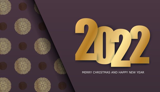 Праздничный флаер 2022 merry christmas бордового цвета с роскошным золотым узором