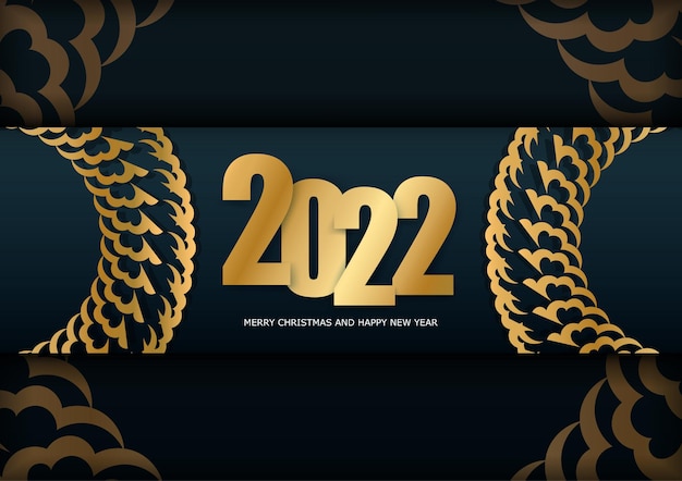 Vettore volantino per le vacanze 2022 buon natale blu scuro con ornamenti astratti in oro