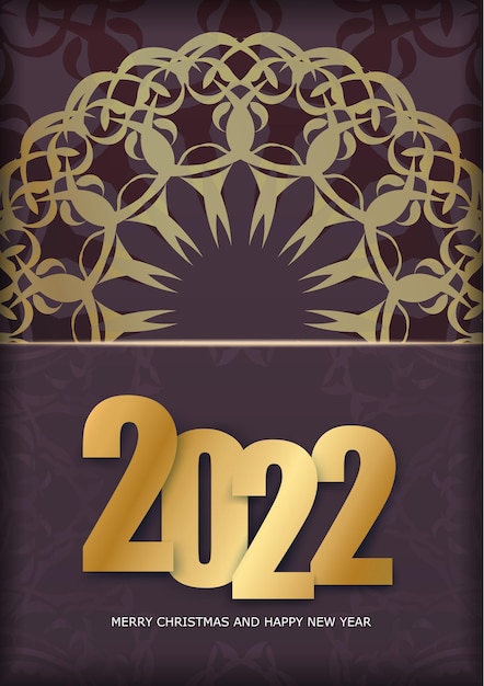 Holiday flyer 2022 merry christmas and happy new year burgundy color with vintage gold ornament