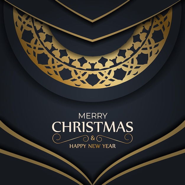 Vector holiday flyer merry christmas dark blue with abstract gold pattern