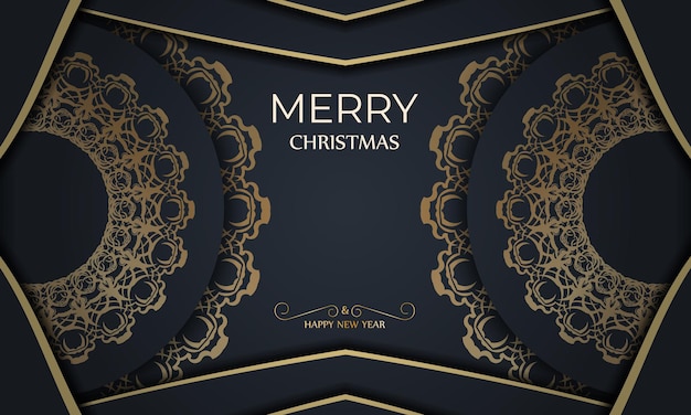 Holiday Flyer Merry Christmas and Happy New Year in dark blue color with vintage gold pattern