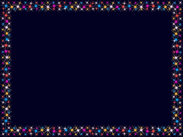 Holiday frame pattern of bright sparkling magical neon multicolored particles sparks and stars