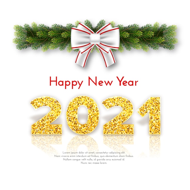 Holiday gift card Happy New Year 2021 with fir tree branches garland and white bow