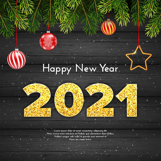 Holiday gift card happy new year with fir tree branches. golden sparkling numbers 2021