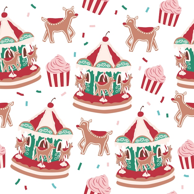 Vector holiday gingerbread carousel biscuit sweet desserts seamless pattern