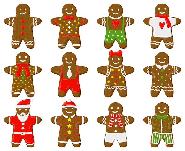 Holiday gingerbread man Christmas traditional treats gingerbread man cookies cartoon vector set