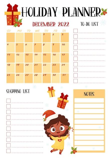 Holiday girly planner Christmas organizer calendar december 2022 todo shopping list with ethnic girl