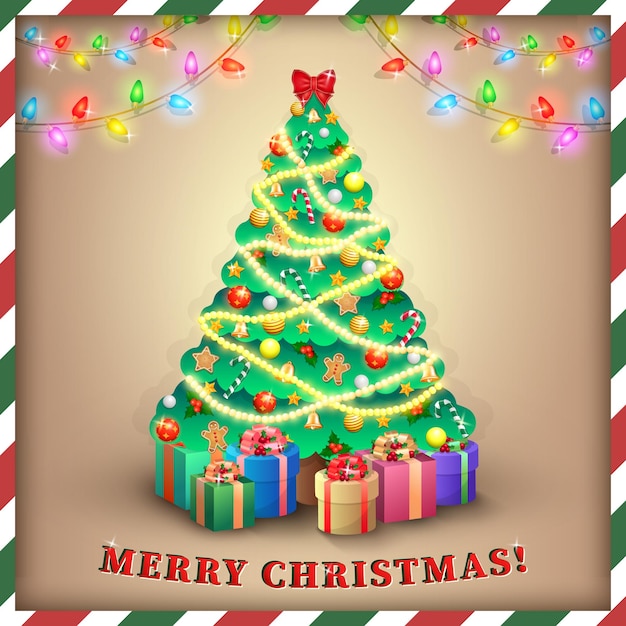 ストライプ フレームと紙の背景にクリスマス ツリーと装飾のホリデー グリーティング カード
