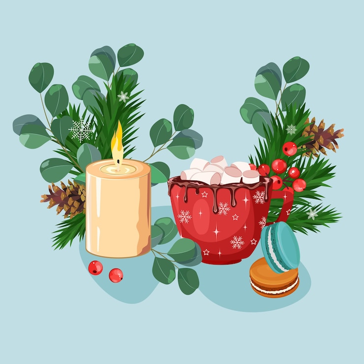 Vector 크리스마스 카드, 불, 마카룬, 핫 초콜릿, 마쉬멜로
