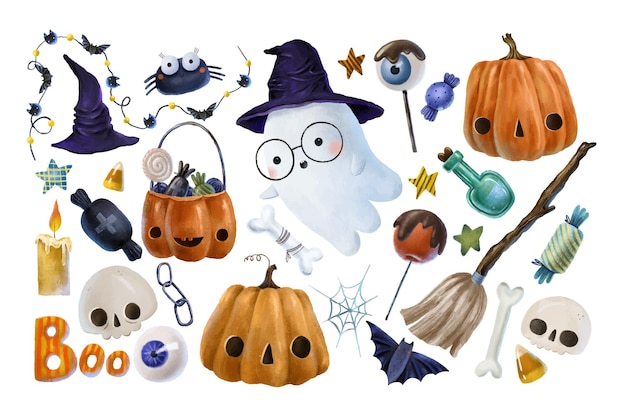 Holiday Halloween set halloween elements Pumpkin witch's cauldron candy ghosts candy eyes skulls