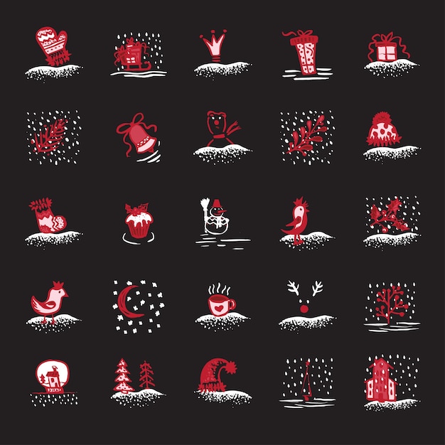 Holiday hand drawn sketch Christmas and New Year set icons isolated on black background