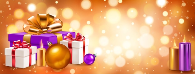 Vector holiday illustration with several colored gift boxes with ribbons and bows burning candles and christmas balls on a blurred background with bokeh effect in golden colors