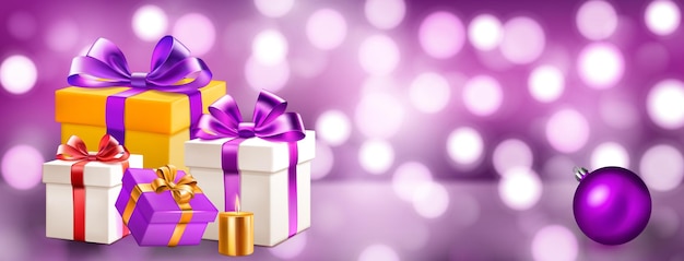 Holiday illustration with several colored gift boxes with ribbons and bows burning candles and Christmas balls on a blurred background with bokeh effect in purple colors