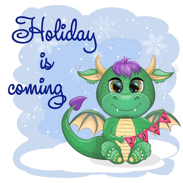 The holiday is coming Cute cartoon green dragon in santa hat 2024 new year chinese calendar