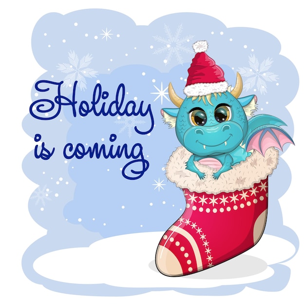 The holiday is coming Cute cartoon green dragon in santa hat 2024 new year chinese calendar