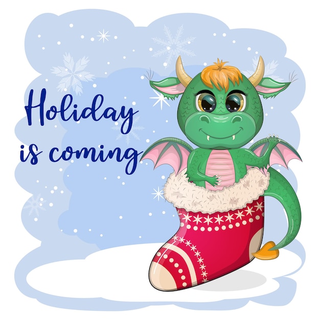 The holiday is coming Cute cartoon green dragon in santa hat 2024 new year chinese calendar