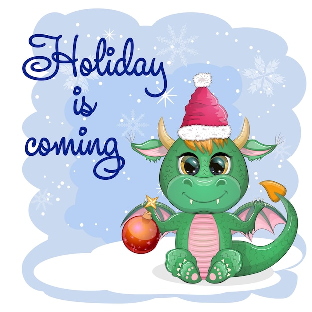 The holiday is coming Cute cartoon green dragon in santa hat 2024 new year chinese calendar