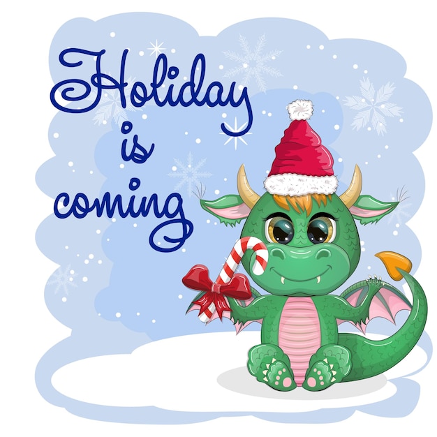 The holiday is coming Cute cartoon green dragon in santa hat 2024 new year chinese calendar