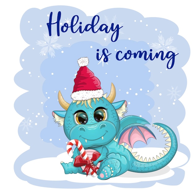 The holiday is coming Cute cartoon green dragon in santa hat 2024 new year chinese calendar