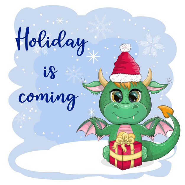 The holiday is coming Cute cartoon green dragon in santa hat 2024 new year chinese calendar