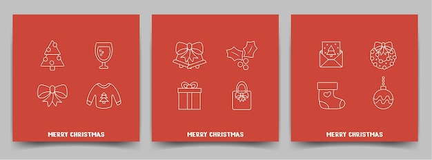 Holiday merry christmas set con elementi di linea icone di testo biglietti di auguri su sfondo rosso vector