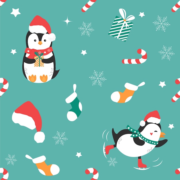 Holiday pattern with funny penguins and elements