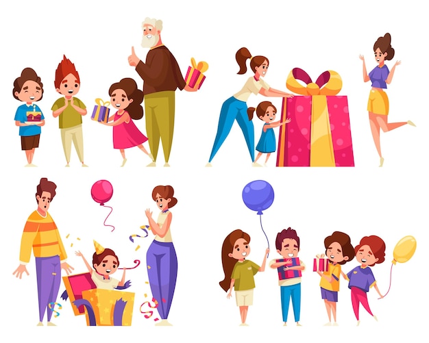 Holiday presents cartoon icons set with family celebration scenes isolated vector illustration