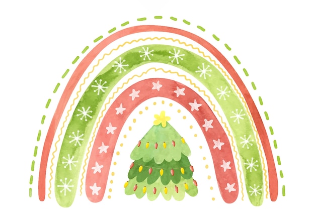 Arcobaleno natalizio con stelle fiocchi di neve e albero di natale clipart inverno acquerello