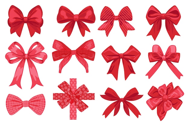 Holiday red bow set in flat graphic design Collection elements of shiny silk and satin tied bows with ribbons of wrapping gift box packing for Christmas or birthday celebration Vector illustration