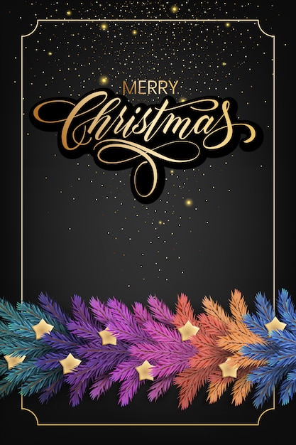 休日は、クリスマスライト、金の星、雪で飾られた松の木の枝の現実的なカラフルなガーランドとメリークリスマスのグリーティングカード