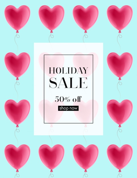 Holiday sale banner with heart shaped balloons